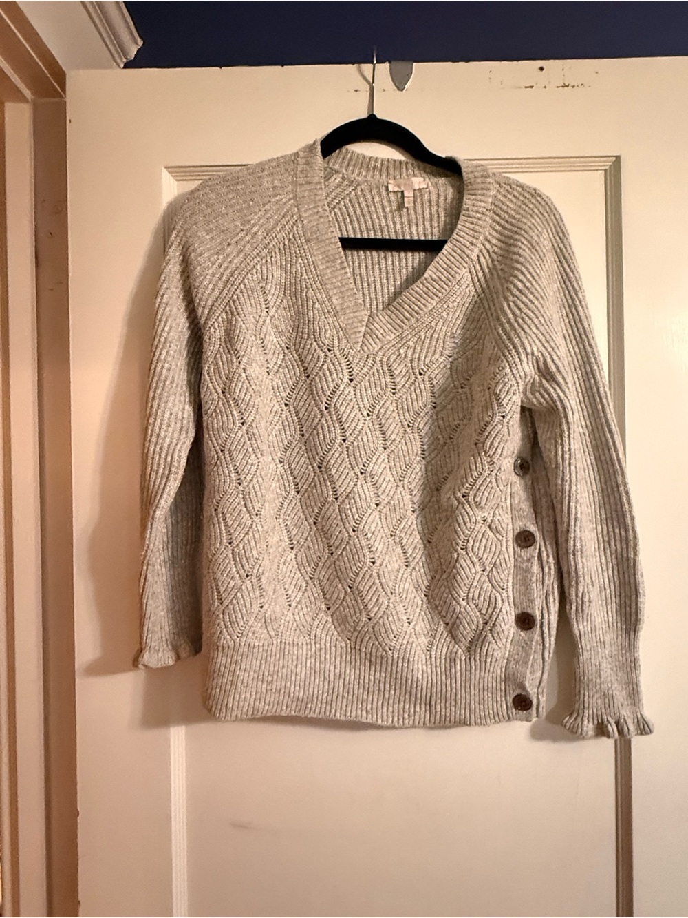 Rebecca Taylor Cozy V-Neck Cable Knit Sweater in Light Gray